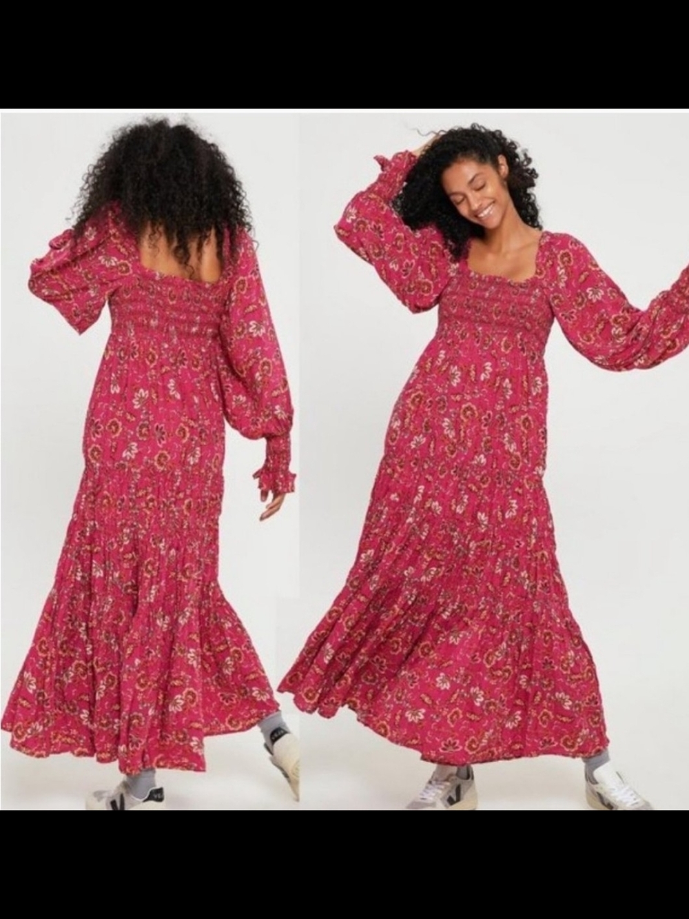 Free People Large Smocked Square-Neck Dress in Fuchsia Floral
